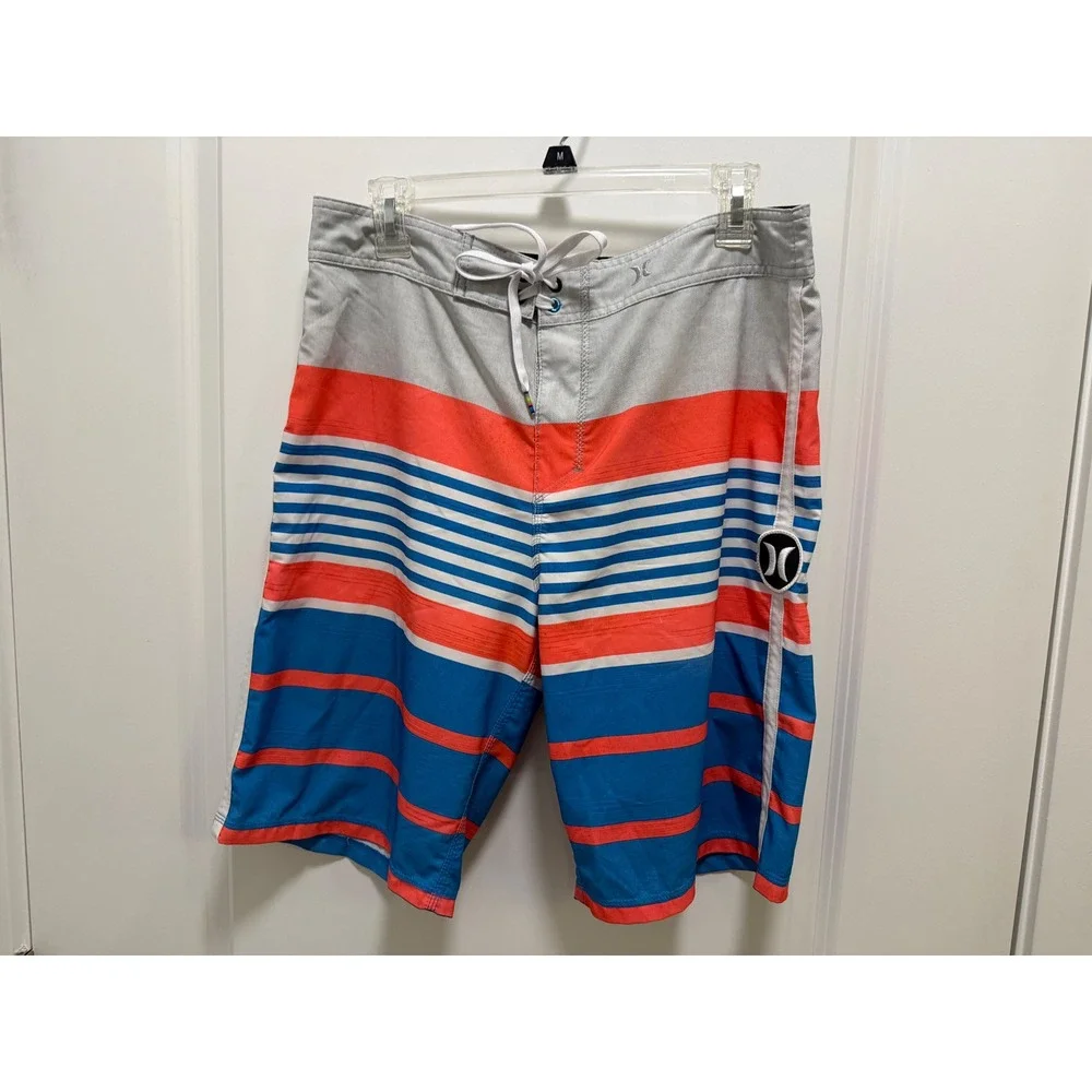 Hurley Phantom Mens Board Shorts Blue Orange Striped Buckle Exclusive Size 32